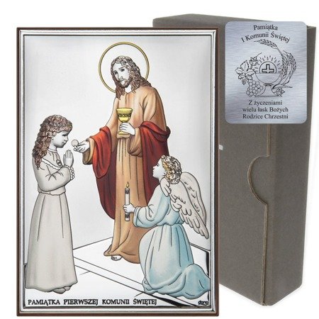 Obrazek Srebrny Pamiątka I Komunii dla dziewczynki prostokąt z podpisem kolor DS31CA